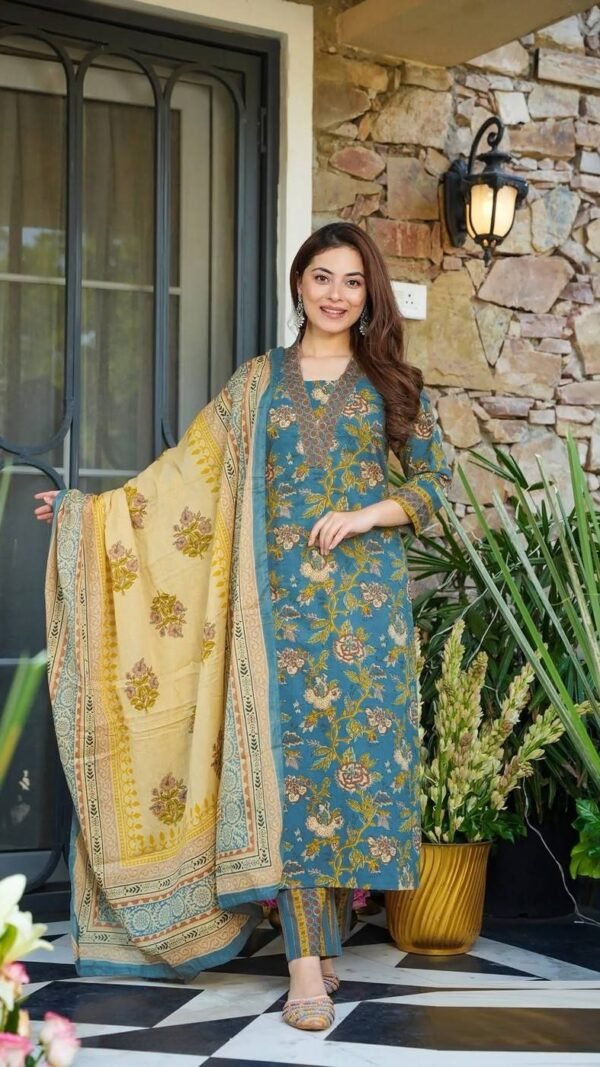 Stunning Teal Blue Muslin Straight Salwar Kameez – 62519-14005