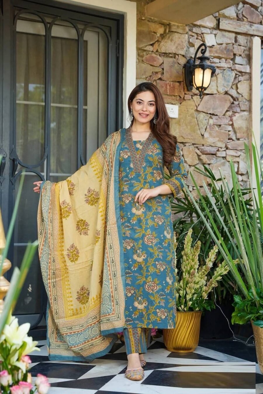 Stunning Teal Blue Muslin Straight Salwar Kameez – 62519-14005