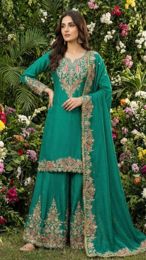 Dynamic Teal Blue Chinon Palazzo Salwar Kameez – 62535-595