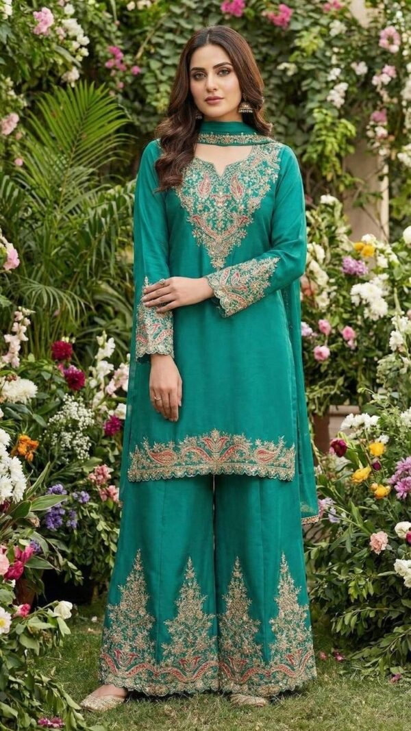 Dynamic Teal Blue Chinon Palazzo Salwar Kameez – 62535-595