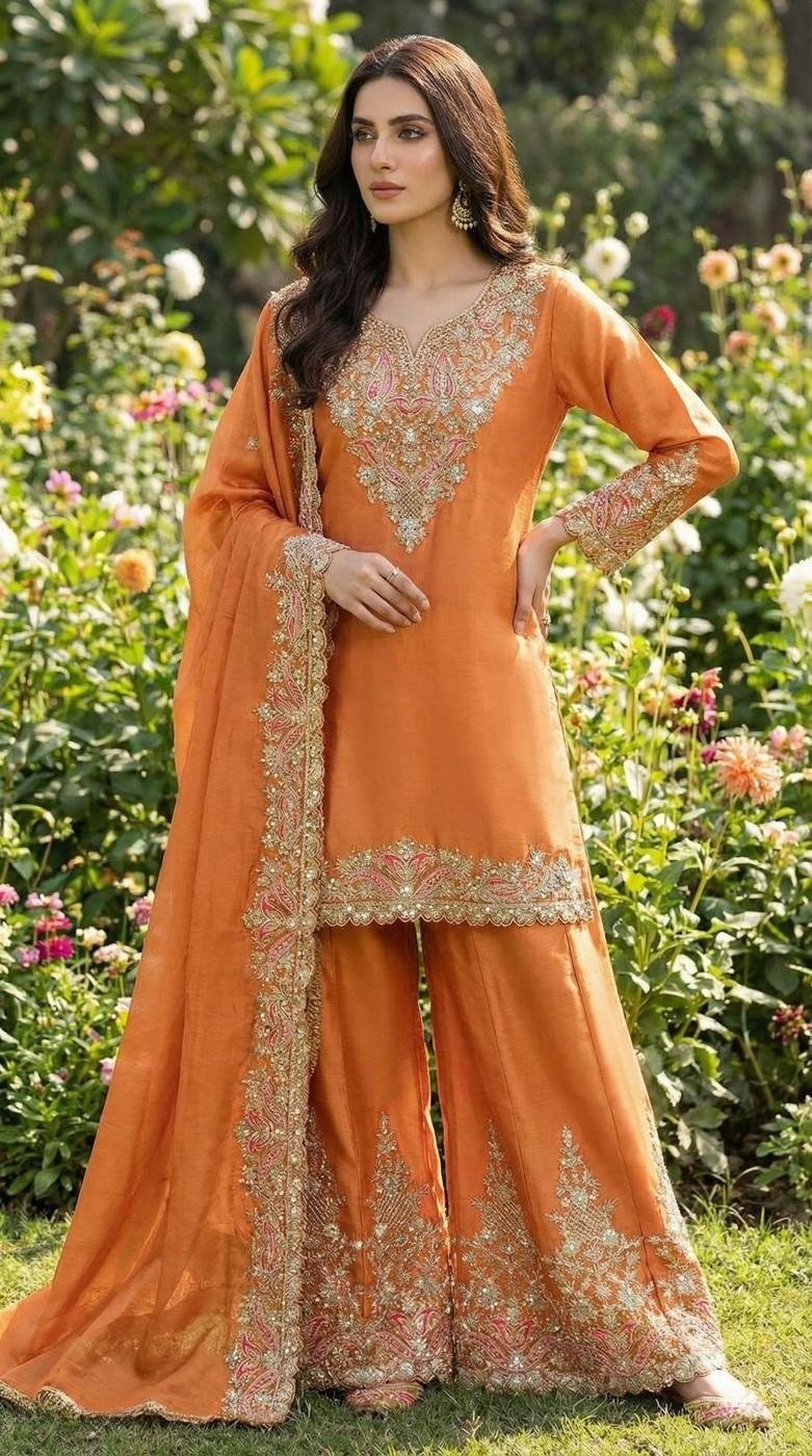 Magical Salmon Chinon Palazzo Salwar Kameez – 62535-596