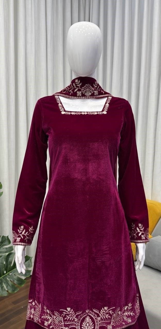 Modern Wine Viscose Velvet Sharara Salwar Kameez – 62556-1545-A