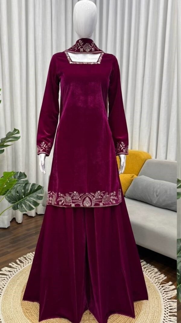 Modern Wine Viscose Velvet Sharara Salwar Kameez – 62556-1545-A
