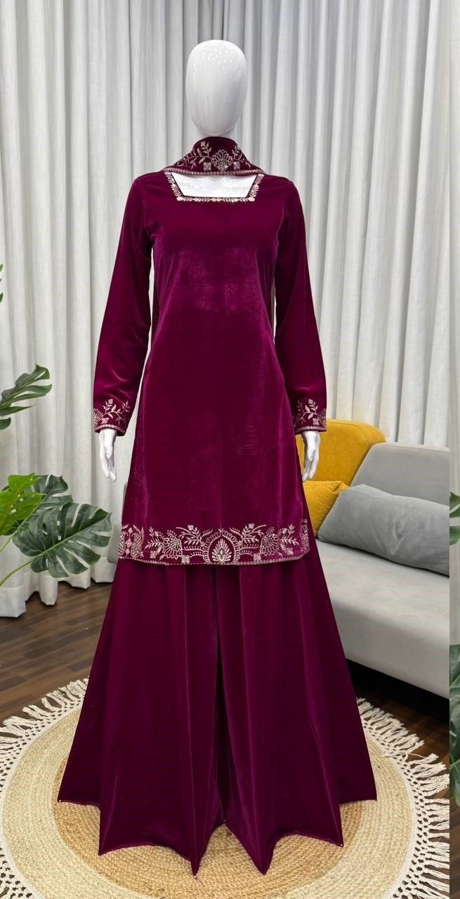 Modern Wine Viscose Velvet Sharara Salwar Kameez – 62556-1545-A