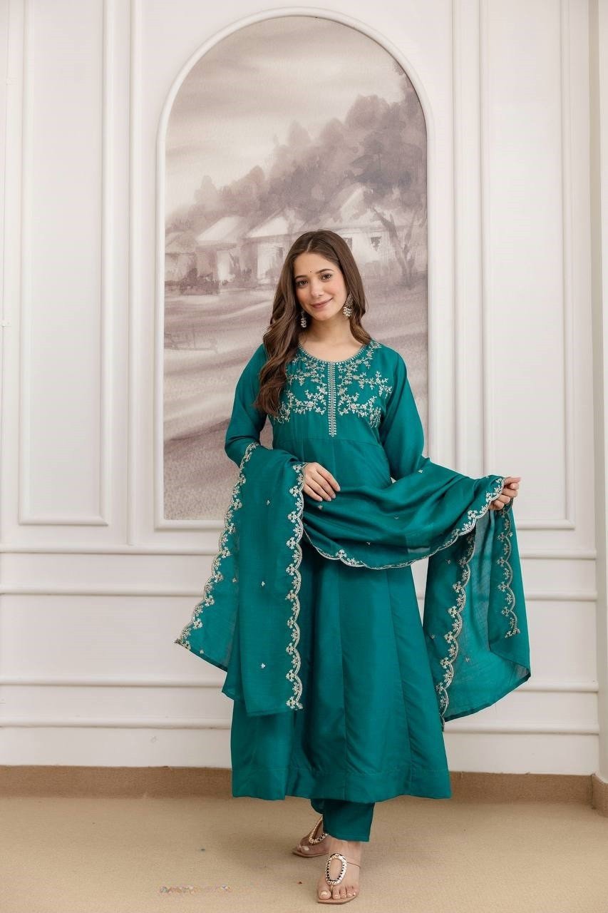 Radiant Teal Blue Vichitra Silk Straight Salwar Kameez – 62558-5130-B