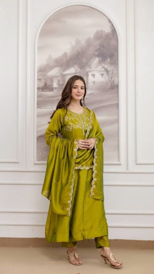 Gorgeous Olive Green Vichitra Silk Straight Salwar Kameez – 62558-5130-C
