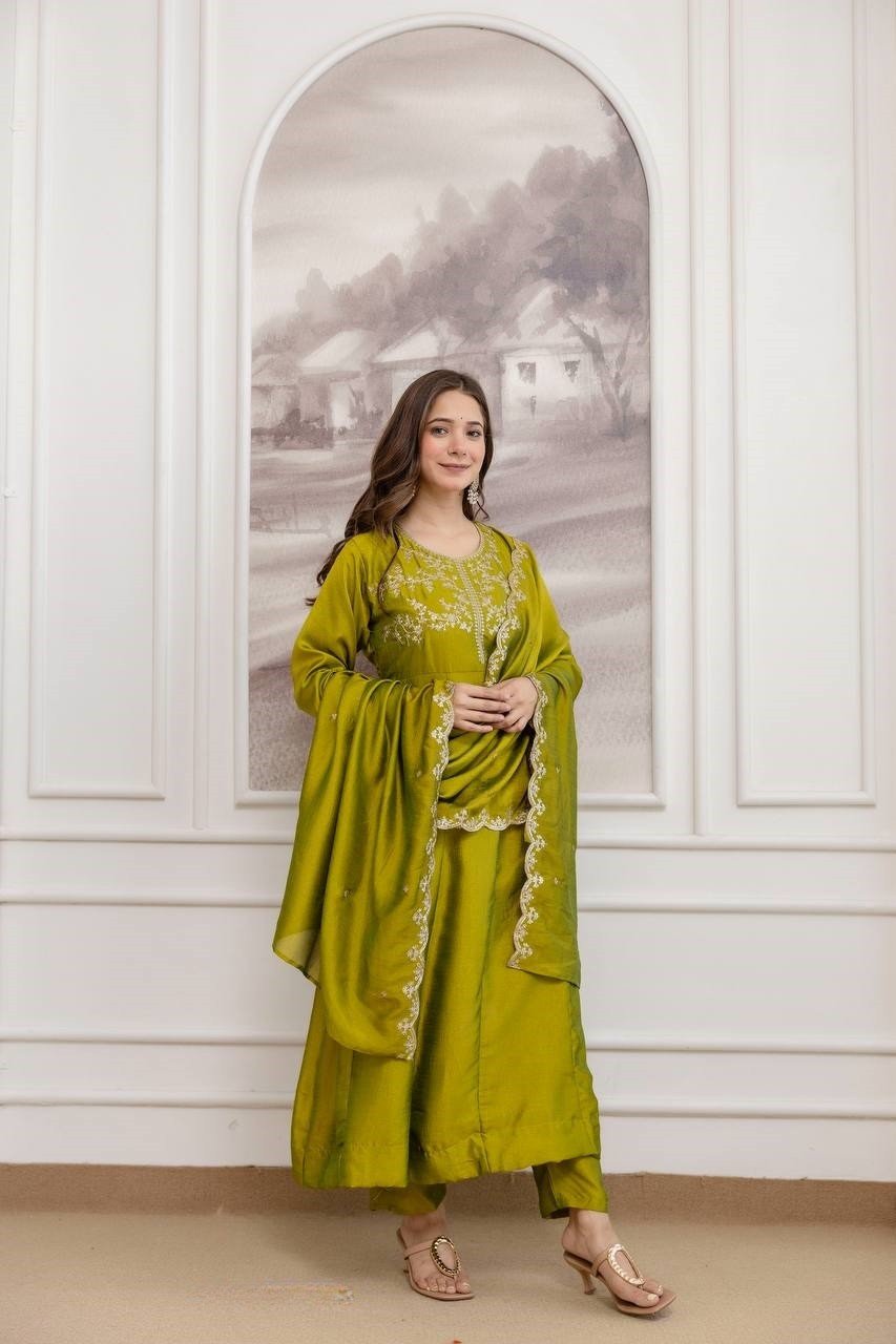 Gorgeous Olive Green Vichitra Silk Straight Salwar Kameez – 62558-5130-C