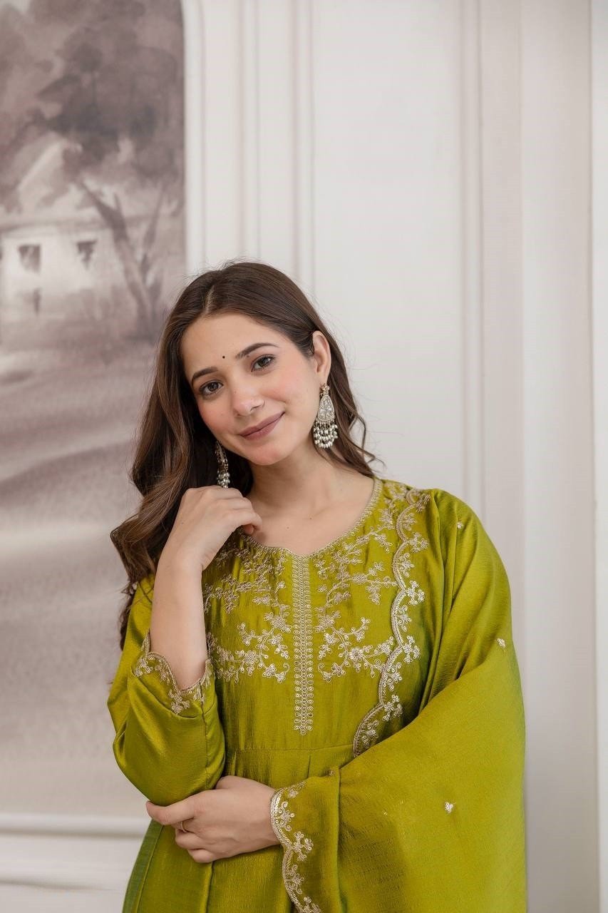 Gorgeous Olive Green Vichitra Silk Straight Salwar Kameez – 62558-5130-C