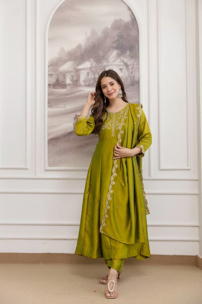 Gorgeous Olive Green Vichitra Silk Straight Salwar Kameez – 62558-5130-C