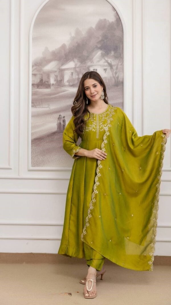 Gorgeous Olive Green Vichitra Silk Straight Salwar Kameez – 62558-5130-C
