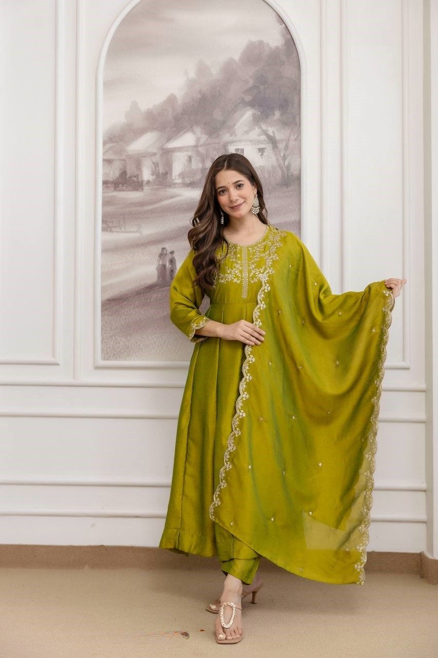 Gorgeous Olive Green Vichitra Silk Straight Salwar Kameez – 62558-5130-C