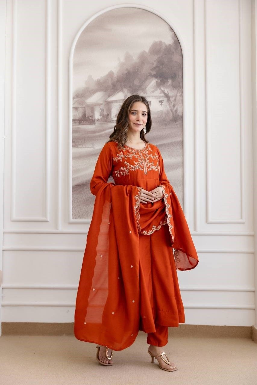 Exquisite Orange Vichitra Silk Straight Salwar Kameez – 62558-5130-D