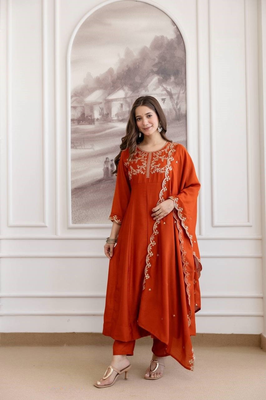 Exquisite Orange Vichitra Silk Straight Salwar Kameez – 62558-5130-D