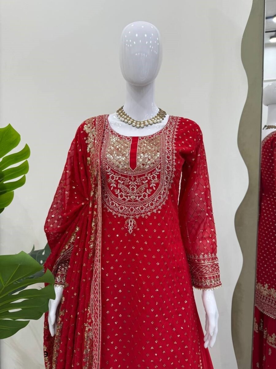Vibrant Red Georgette Sharara Salwar Kameez – 62561-5899