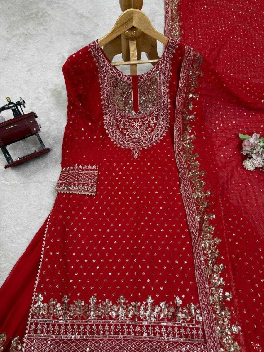 Vibrant Red Georgette Sharara Salwar Kameez – 62561-5899