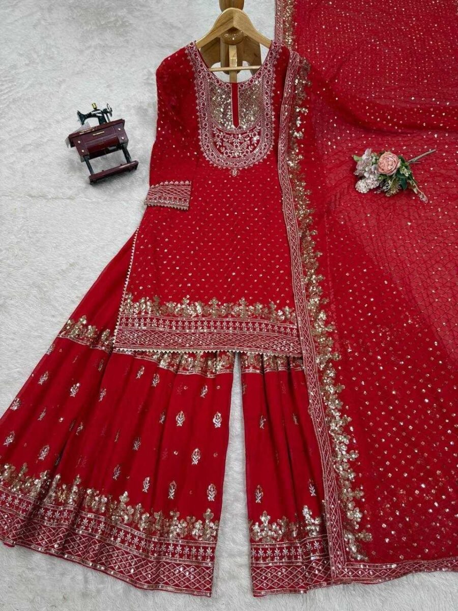 Vibrant Red Georgette Sharara Salwar Kameez – 62561-5899