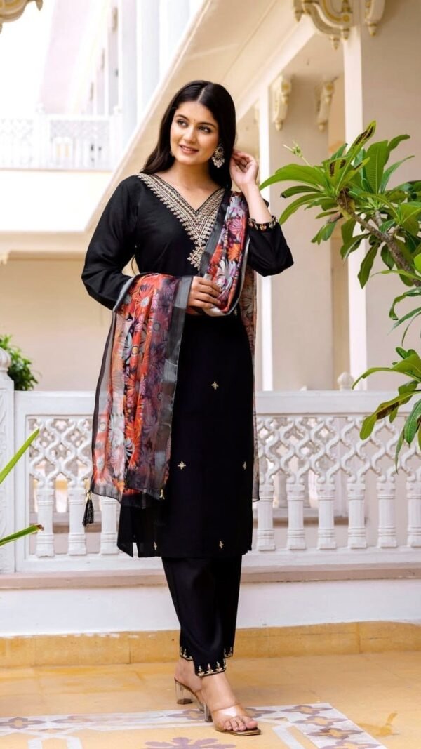 Striking Black Viscose Chanderi Straight Salwar Kameez – 62565-30-B