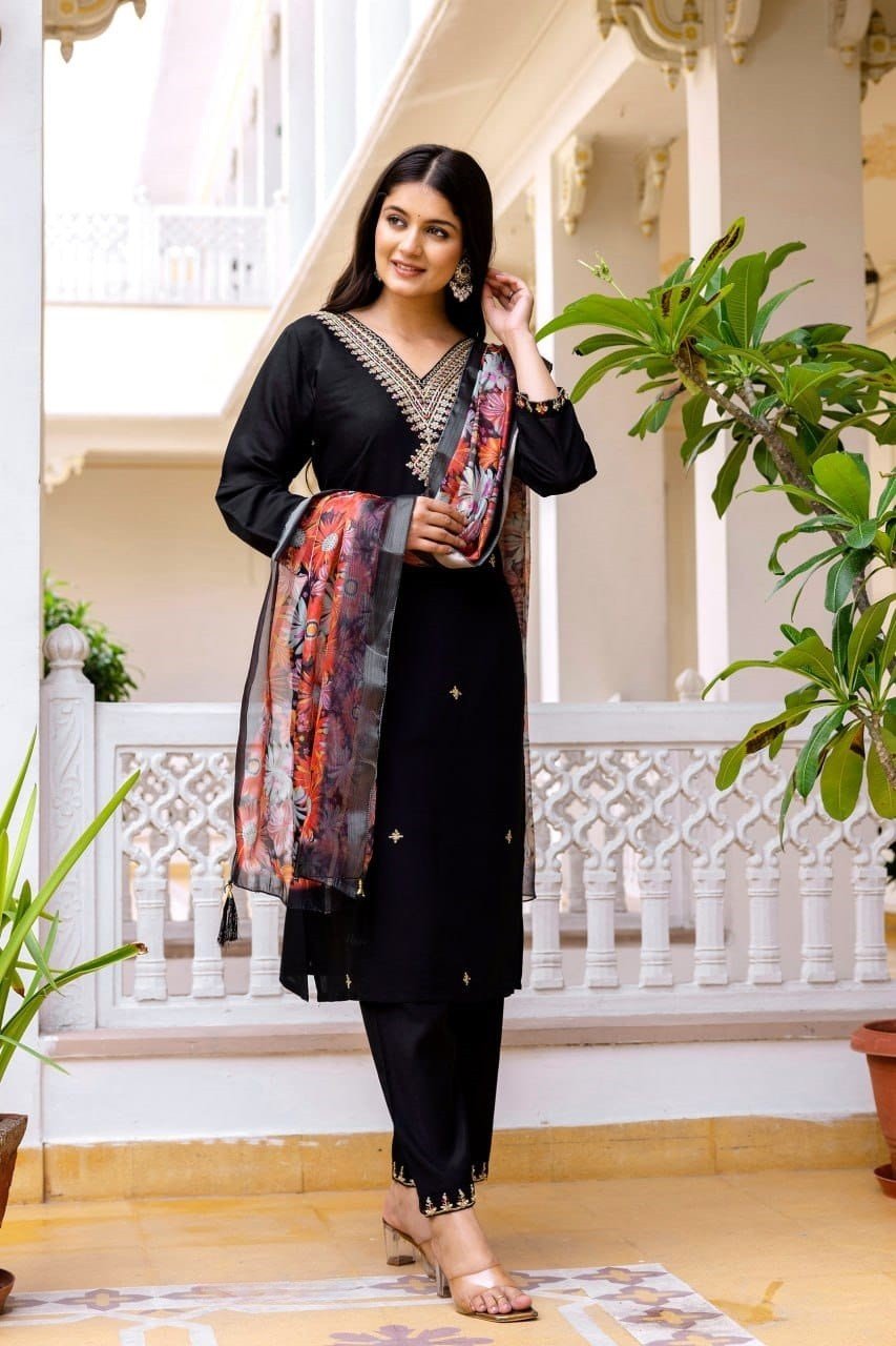 Striking Black Viscose Chanderi Straight Salwar Kameez – 62565-30-B