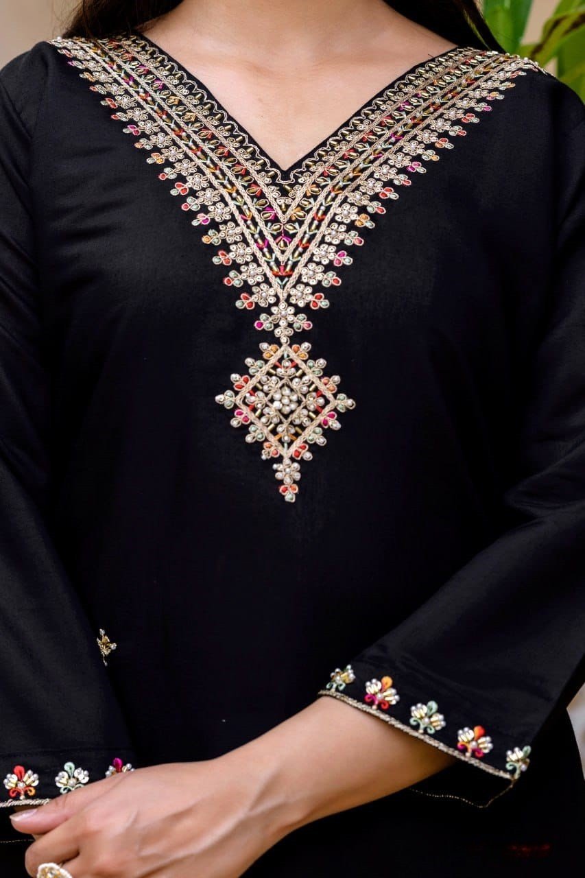 Striking Black Viscose Chanderi Straight Salwar Kameez – 62565-30-B