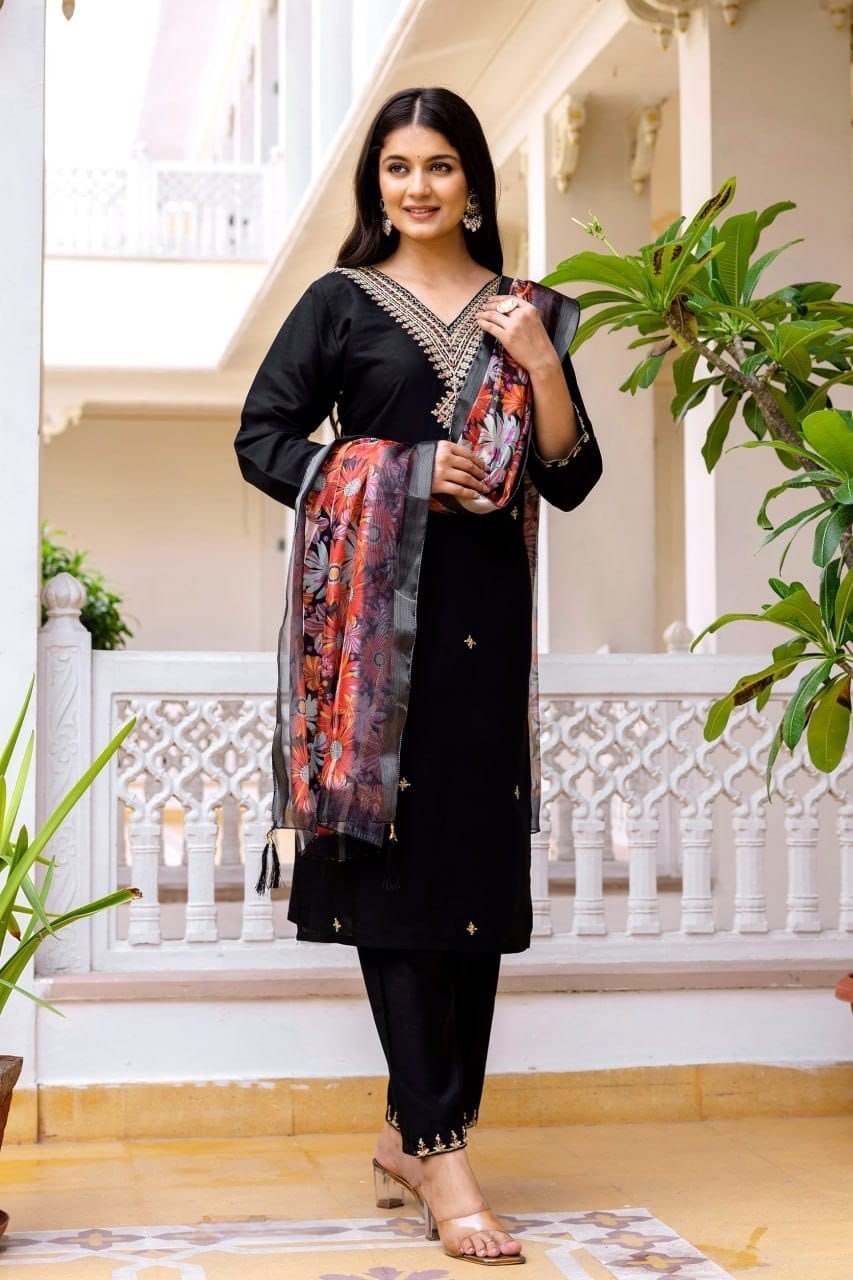 Striking Black Viscose Chanderi Straight Salwar Kameez – 62565-30-B