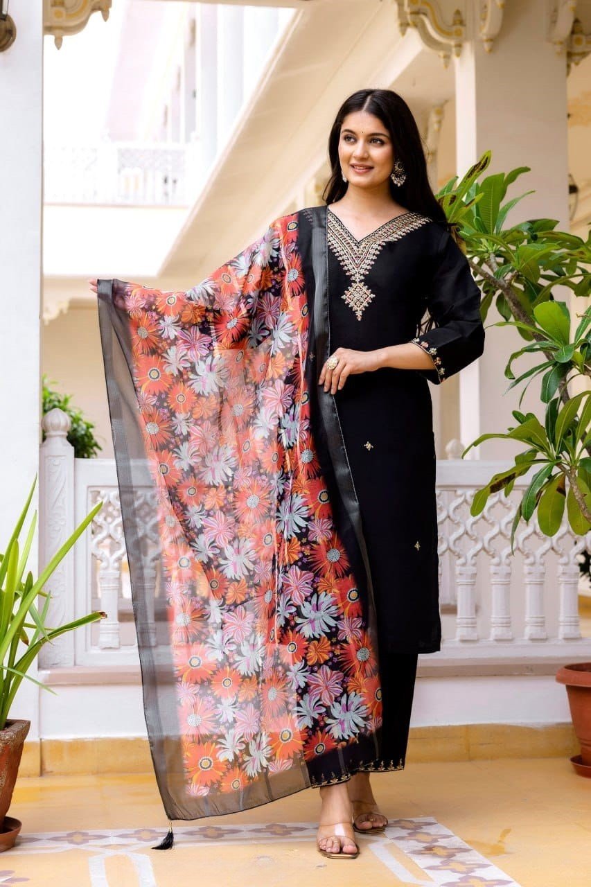 Striking Black Viscose Chanderi Straight Salwar Kameez – 62565-30-B