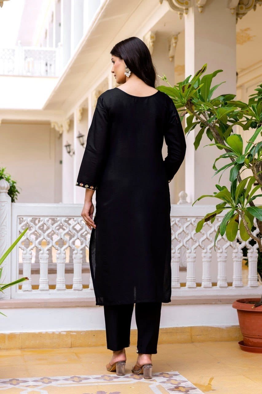 Striking Black Viscose Chanderi Straight Salwar Kameez – 62565-30-B